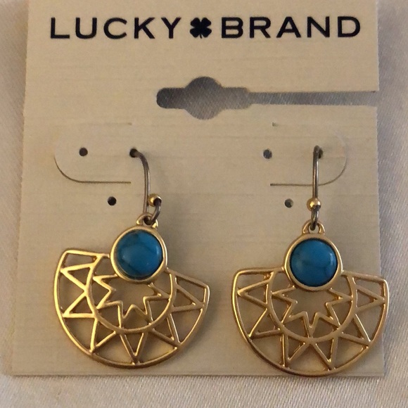 Lucky Brand Gold Tone Sun Ray Drop Earrings Turquoise Accent NWT - Picture 4 of 11